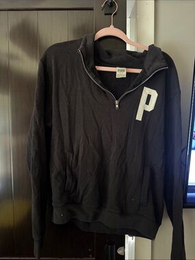 PINK Victoria's Secret Black Half-Zip Pullover with White 'P' Logo